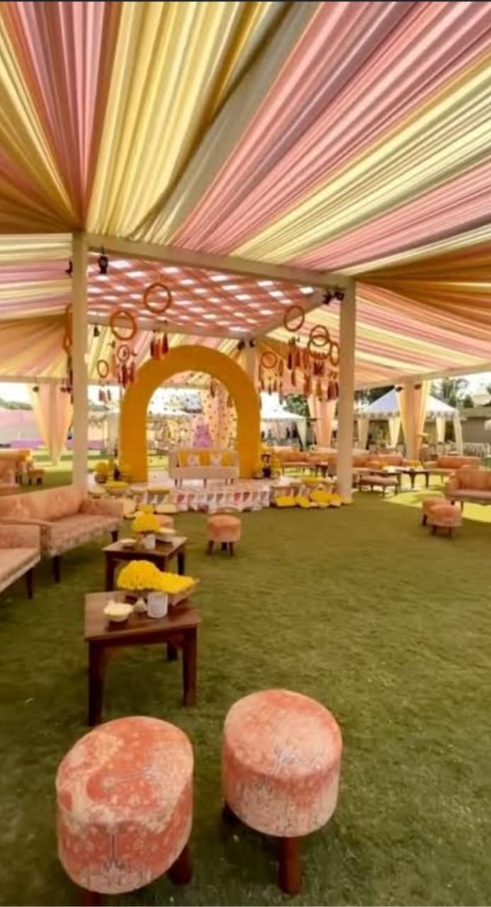 Floral mandap at sunset